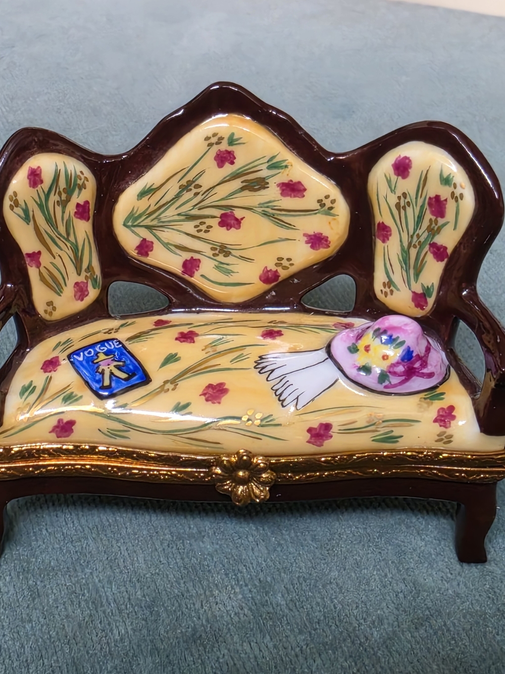 Limoges France Yellow Floral Porcelain Miniature Sofa Trinket Box Vogue Magazine
